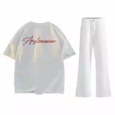 稻草人 美式高街花体字母百搭重磅纯棉宽松落肩短袖中腰水洗做旧垂感微喇叭牛仔裤休闲运动套装 男女同款