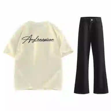 稻草人 美式高街花体字母百搭重磅纯棉宽松落肩短袖中腰水洗做旧垂感微喇叭牛仔裤休闲运动套装 男女同款