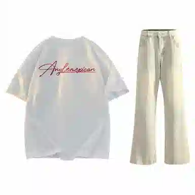 稻草人 美式高街花体字母百搭重磅纯棉宽松落肩短袖中腰水洗做旧垂感微喇叭牛仔裤休闲运动套装 男女同款