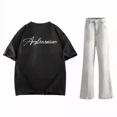 稻草人 美式高街花体字母百搭重磅纯棉宽松落肩短袖中腰水洗做旧垂感微喇叭牛仔裤休闲运动套装 男女同款