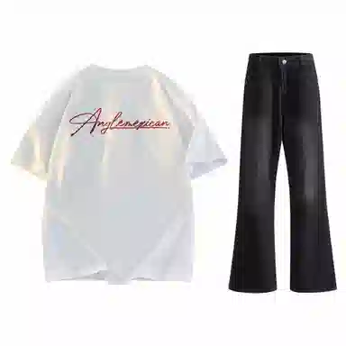 稻草人 美式高街花体字母百搭重磅纯棉宽松落肩短袖中腰水洗做旧垂感微喇叭牛仔裤休闲运动套装 男女同款