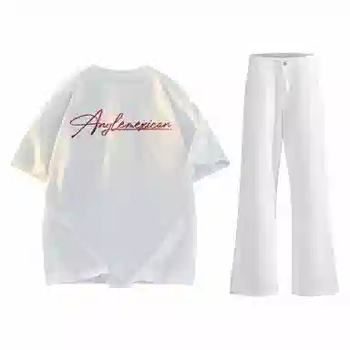 稻草人 美式高街花体字母百搭重磅纯棉宽松落肩短袖中腰水洗做旧垂感微喇叭牛仔裤休闲运动套装 男女同款