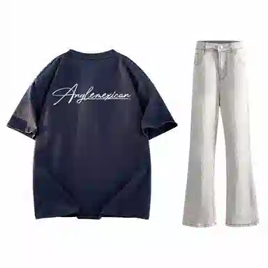 稻草人 美式高街花体字母百搭重磅纯棉宽松落肩短袖中腰水洗做旧垂感微喇叭牛仔裤休闲运动套装 男女同款