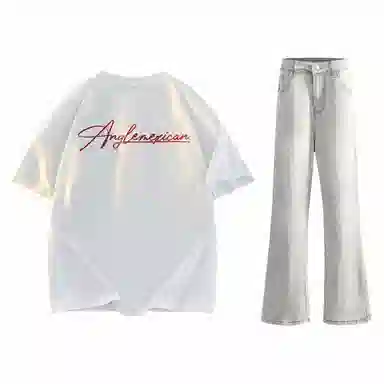 稻草人 美式高街花体字母百搭重磅纯棉宽松落肩短袖中腰水洗做旧垂感微喇叭牛仔裤休闲运动套装 男女同款