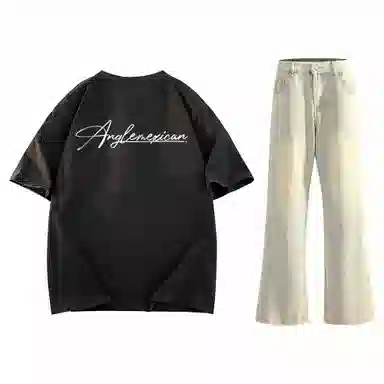 稻草人 美式高街花体字母百搭重磅纯棉宽松落肩短袖中腰水洗做旧垂感微喇叭牛仔裤休闲运动套装 男女同款