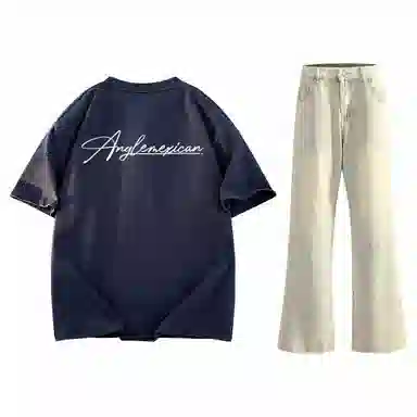 稻草人 美式高街花体字母百搭重磅纯棉宽松落肩短袖中腰水洗做旧垂感微喇叭牛仔裤休闲运动套装 男女同款