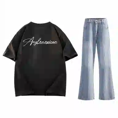 稻草人 美式高街花体字母百搭重磅纯棉宽松落肩短袖中腰水洗做旧垂感微喇叭牛仔裤休闲运动套装 男女同款