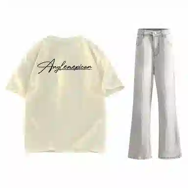 稻草人 美式高街花体字母百搭重磅纯棉宽松落肩短袖中腰水洗做旧垂感微喇叭牛仔裤休闲运动套装 男女同款