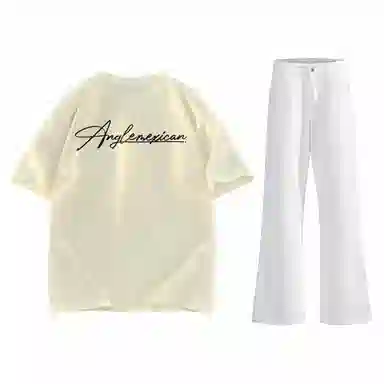 稻草人 美式高街花体字母百搭重磅纯棉宽松落肩短袖中腰水洗做旧垂感微喇叭牛仔裤休闲运动套装 男女同款