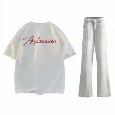 稻草人 美式高街花体字母百搭重磅纯棉宽松落肩短袖中腰水洗做旧垂感微喇叭牛仔裤休闲运动套装 男女同款