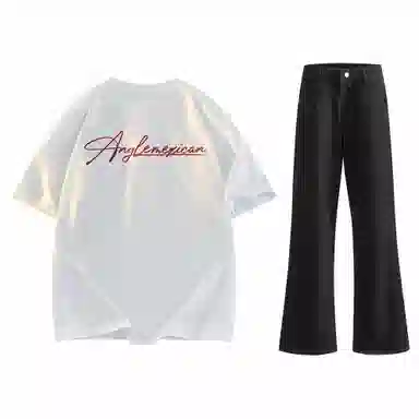 稻草人 美式高街花体字母百搭重磅纯棉宽松落肩短袖中腰水洗做旧垂感微喇叭牛仔裤休闲运动套装 男女同款