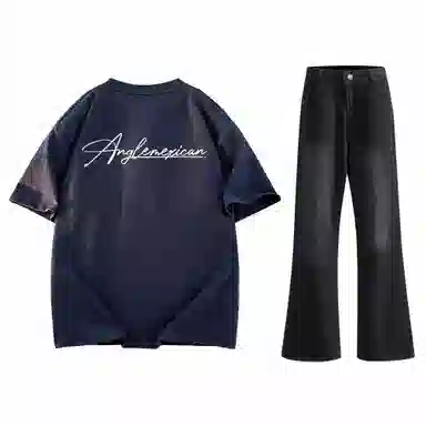 稻草人 美式高街花体字母百搭重磅纯棉宽松落肩短袖中腰水洗做旧垂感微喇叭牛仔裤休闲运动套装 男女同款