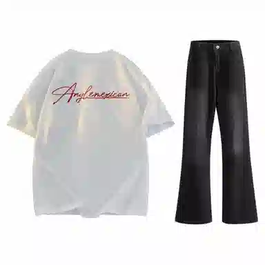 稻草人 美式高街花体字母百搭重磅纯棉宽松落肩短袖中腰水洗做旧垂感微喇叭牛仔裤休闲运动套装 男女同款