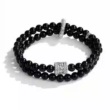 【999足银】 银千惠 心宁长乐 新中式国潮六字箴言双层弹力绳串珠 纯银精工转运珠能量石 可调节绕指柔盘玩把玩念珠 黑曜石 手串 男款