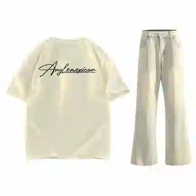 稻草人 美式高街花体字母百搭重磅纯棉宽松落肩短袖中腰水洗做旧垂感微喇叭牛仔裤休闲运动套装 男女同款