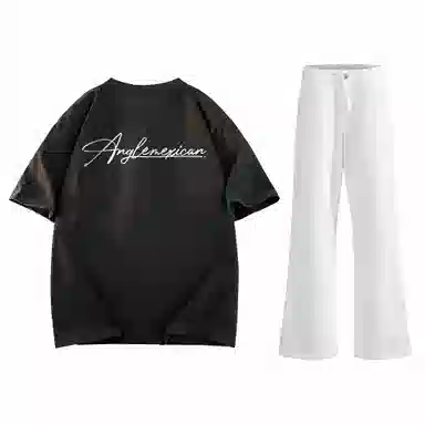 稻草人 美式高街花体字母百搭重磅纯棉宽松落肩短袖中腰水洗做旧垂感微喇叭牛仔裤休闲运动套装 男女同款