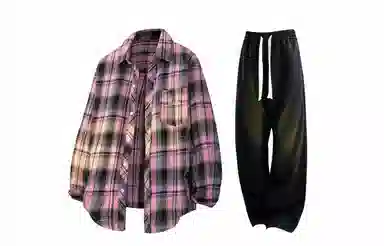 王者荣耀 梦奇款 美式复古翻领经典格子百搭宽松长袖纯色高级感弹力直筒休闲裤衬衫套装 男女同款