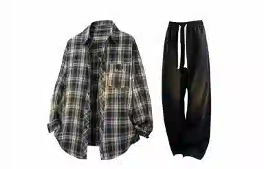 王者荣耀 梦奇款 美式复古翻领经典格子百搭宽松长袖纯色高级感弹力直筒休闲裤衬衫套装 男女同款