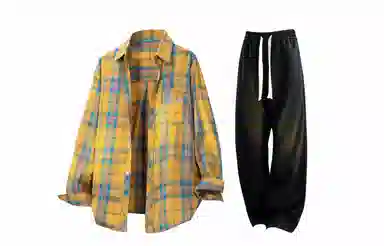 王者荣耀 梦奇款 美式复古翻领经典格子百搭宽松长袖纯色高级感弹力直筒休闲裤衬衫套装 男女同款