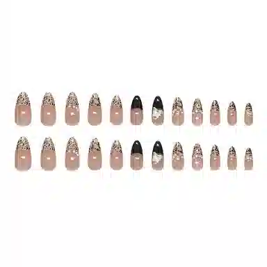 馨枕居 法式珍珠钻石  穿戴甲 中长款尖型豹纹裸色 细闪