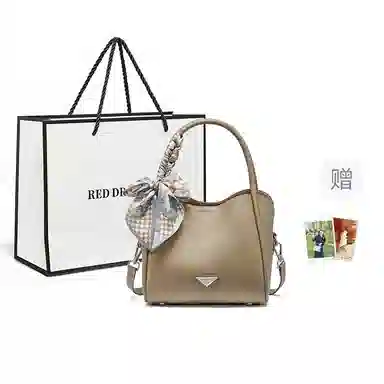 红蜻蜓 小众百搭简约休闲时尚温柔丝巾 头层牛皮革 手提包 常规 女款 气质灰