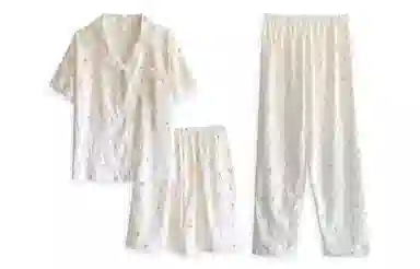 夏芬妍 甜美柔软舒适郁金香蕾丝花边云朵棉翻领家居服亲肤休闲短袖三件套时尚可外穿睡衣套装 女款 杏色