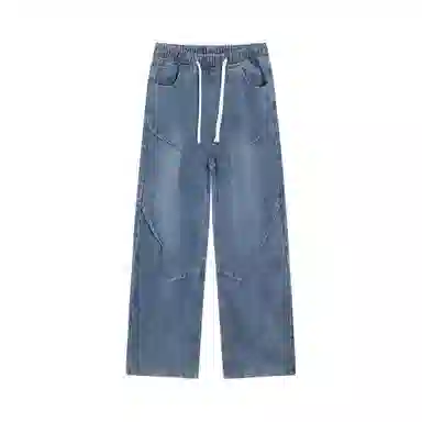 美式复古高街风显高显瘦垂感休闲阔腿经典百搭褶皱设计纯色基础款中腰潮流百搭抽绳宽松直筒裤做旧简约舒适系带牛仔裤 男女同款