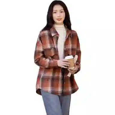 【dme】 时尚休闲格子简约复古长袖衬衫 女款 橙红