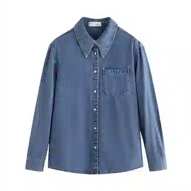 茵曼 纯色刺绣长袖衬衫 女款 牛仔蓝