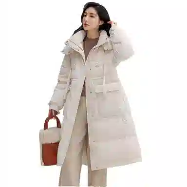 鸭鸭 纯色连帽加厚中长款通勤收腰韩系修身羽绒服 女款