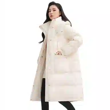 鸭鸭 纯色连帽加厚中长款通勤收腰韩系修身羽绒服 女款