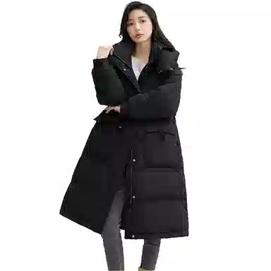 鸭鸭 纯色连帽加厚中长款通勤收腰韩系修身羽绒服 女款