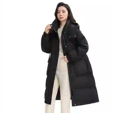 鸭鸭 纯色连帽加厚中长款通勤收腰韩系修身羽绒服 女款