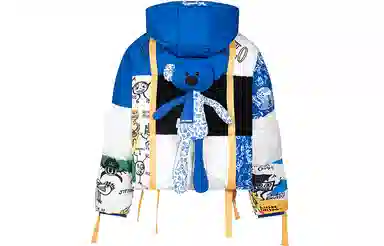 13 DEMARZO x MARK WIGAN Graffiti Ribbon Hooded Down Jacket Blue White