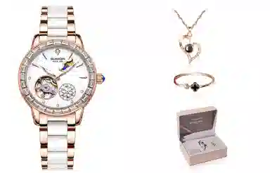 冠琴 绮梦星河系列 高颜值时尚潮流镶钻女士手表 自动机械机芯 牛皮表带 国表 女表 白色表盘 镂空飞轮夜光防水腕表