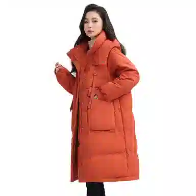 鸭鸭 纯色连帽加厚中长款通勤收腰韩系修身羽绒服 女款