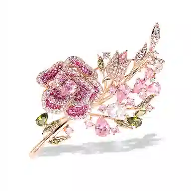 山一丸 时尚玫瑰花粉色胸花西装外套衬衫花朵锆石别针配饰 环保铜 胸针 女款