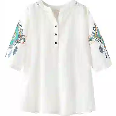 丝柏舍 镂空半开领撞色民族风图案宽松套头五分袖衬衫 女款 白色