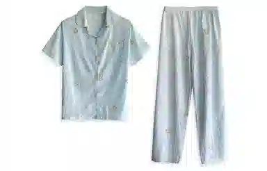 夏芬妍 简约卡通满印圆点小熊翻领云朵棉短袖长裤家居服可爱舒适休闲可外穿睡衣套装 女款 蓝色