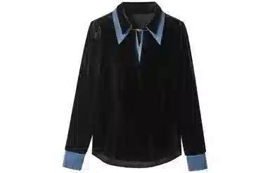 【dme】 时尚牛仔拼接休闲尖领复古丝绒长袖衬衫 女款 黑色