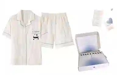 夏芬妍 柔软舒适条纹熊猫纯棉翻领家居服休闲舒适短袖短裤时尚可外穿 睡衣套装 男女同款