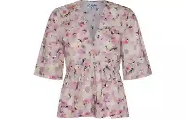 GANNI Printed Cotton V-Neck Peplum Blouse V