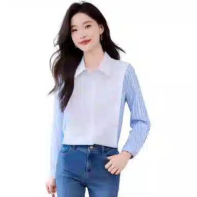 曲韩 条纹简约长袖衬衫 女款 图片色