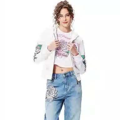 Ed Hardy FW24 Water Print Rhinestone Zip Hoodie White