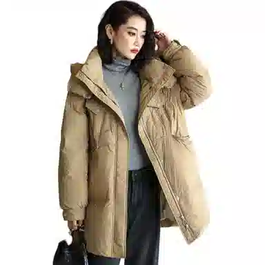 鸭鸭 保暖连帽中长款宽松长袖羽绒服 女款