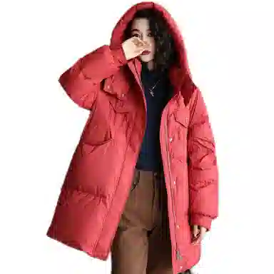 鸭鸭 保暖连帽中长款宽松长袖羽绒服 女款