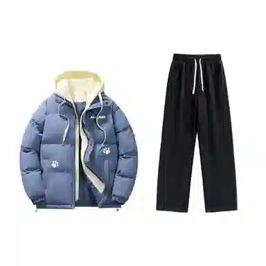 大卫贝肯 美式复古假两件趣味卡通爪印字母印花连帽保暖宽松纯色面包棉服垂感加绒加厚长裤休闲运动套装 男女同款