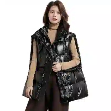 鸭鸭 纯色立领拉链保暖宽松亮面三防时尚外穿百搭无袖羽绒马甲 女款