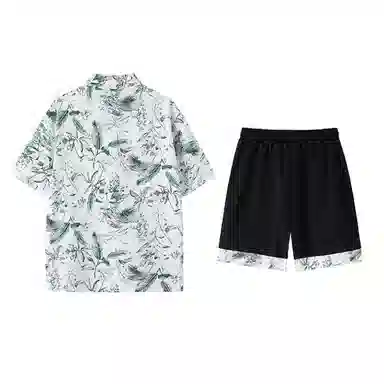哲源 潮牌时尚宽松短袖上衣拼接舒适系带五分裤休闲运动套装 男女同款