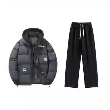 大卫贝肯 美式复古假两件趣味卡通爪印字母印花连帽保暖宽松纯色面包棉服垂感加绒加厚长裤休闲运动套装 男女同款